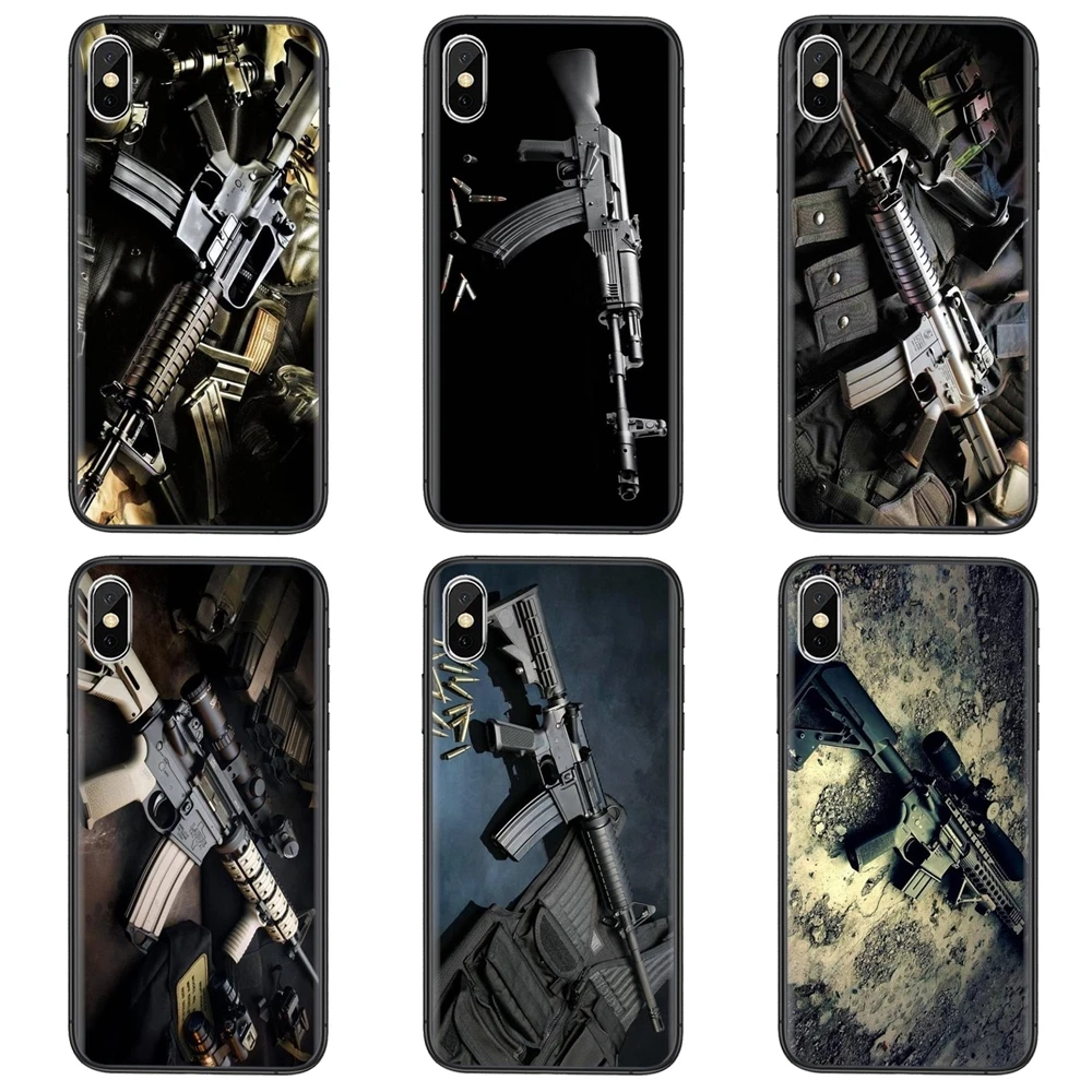 Black Back Fashion Etui Soft Rifles Guns Weapons Bullet Pattern For Apple iPhone 11 12 Pro Mini X XR XS MAX 5 5S 5C SE 6 6S 7 8 | Мобильные