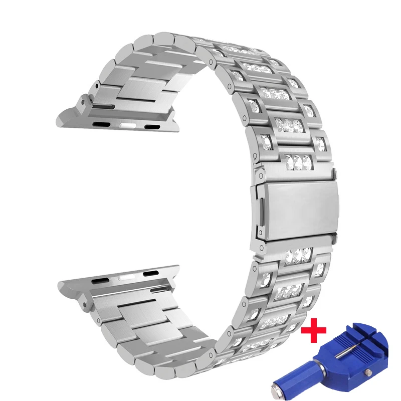 Silver Модный ремешок для Apple watch band 42 мм 38 мм с бриллиантами 44 мм 40 мм correa Apple iWatch 4 3 2 роскошный браслет из нержавеющей стали - Цвет ремешка: Silver