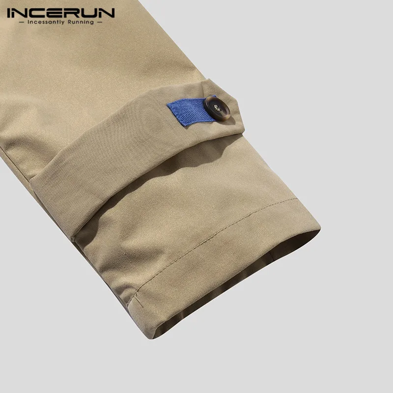 INCERUN, однотонный Тренч, мужская мода, лацканы, длинный рукав, повседневные куртки, тренд, Джокер, Мужская однобортная ветровка, уличная одежда