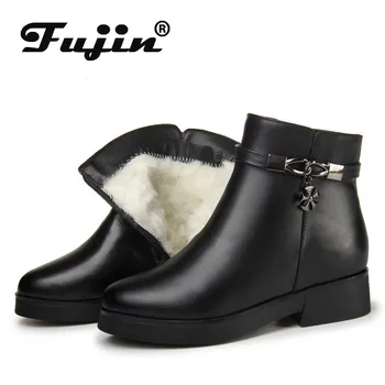 

Fujin Wool Women Snow Genuine Leather Boots Warm Flat Bottom Platform for Fur Warm Shoes Ankle Boots Plush Women Winter Boots
