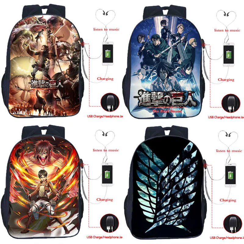 

Attack on Titan Eren Printed USB Charge Rucksack Students School Bags Anime Pattern Backpack Laptop Knapsack For Men Women Teens