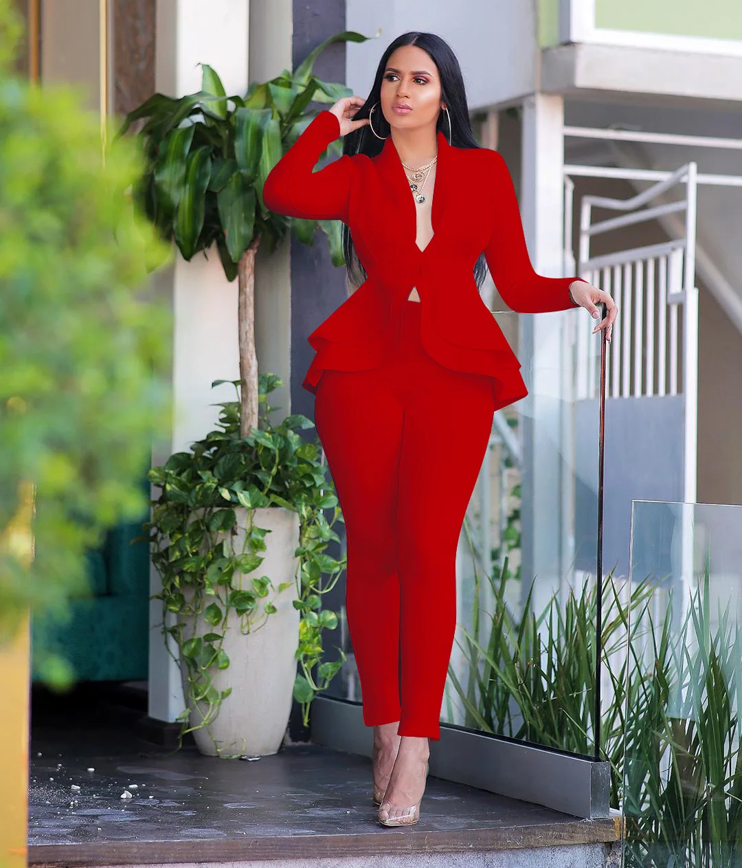 Sleeve Ruffles Blazers Pants Suit 