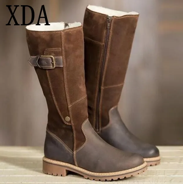 

XDA 2019 Warm Ladies Snow Boots High Boots Leather Martin Boots Winter calf long boots Flats women Boots Plus Size 35-43 B212