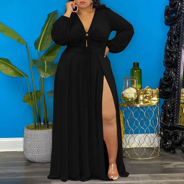Women's Plus Size A Line Dress Solid Color V Neck Long Sleeve Fall Winter Work Sexy Maxi long Dress Dress 3