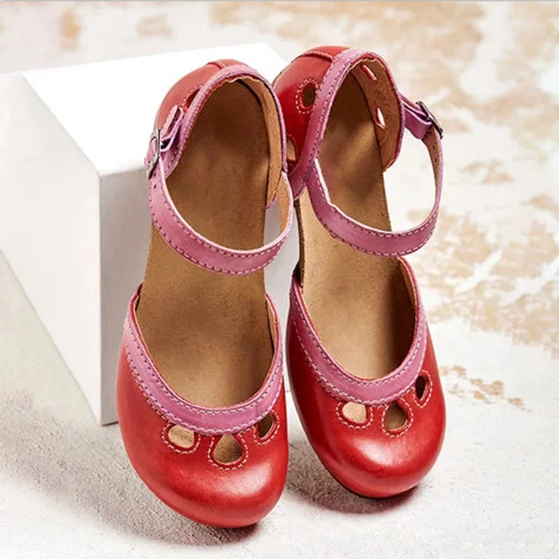 Women Summer Shoes Mid Heel Hollow Out Casual Sandals Elegant Retro Ladies Pumps Ankle Color Block Buckle Straps Female Sandals women sandals women pumps shoes women single shoes women wedges heels shoes