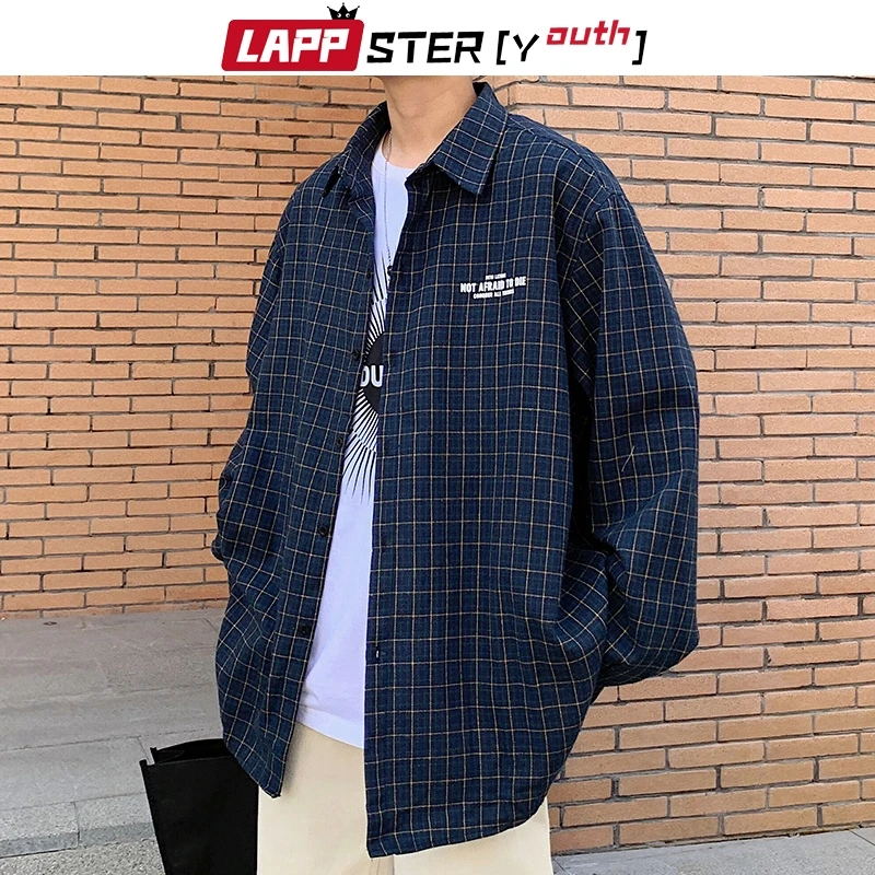 LAPPSTER-Youth Мужская Уличная Harajuku клетчатые рубашки Мужская модная рубашка белая рубашка с длинным рукавом на пуговицах негабаритная 5XL