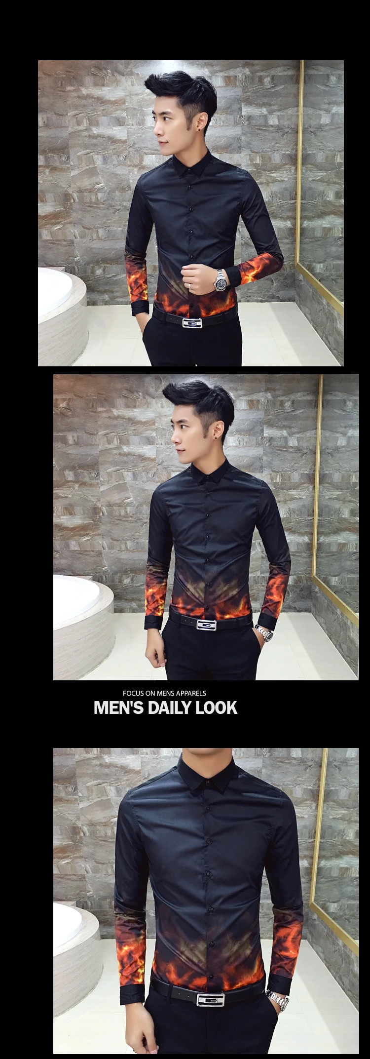 new flame printing shirt Camisa Masculina men's long sleeve casual business dress shirt fashion men street clothing shirt