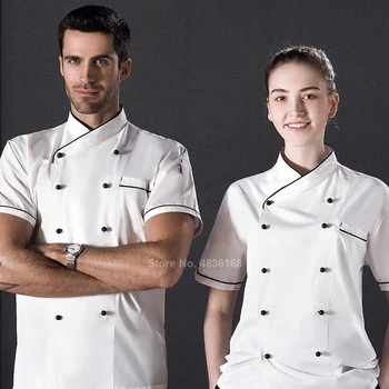 

Short Sleeve Restaurant Chef Uniform Unisex Food Service Bakery Cafe Kitchen Cook Double Breasted Overalls Waiter Work Wear