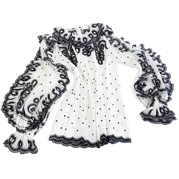 

High Quality Women Blouses and Tops 2021 Spring New Polka Dots Ruffles Embroidery Long Sleeve Elegant Silk Linen Designer Wear
