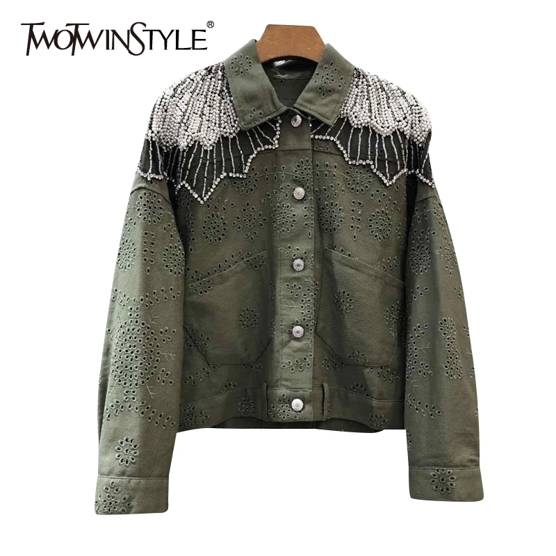 

TWOTWINSTYLE Patchwork Beading Embroidery Women's Jacket Lapel Collar Hollow Out Jackets Female Autumn Oversize Fashion New 2019