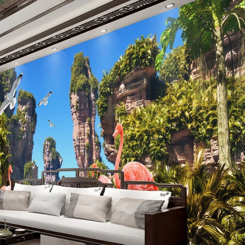 

Dropship Drop Shipping Custom 3d Mural Landscape Hand Painted Seaside Tropical Plant Flamingo Landscape Background Wall Mural