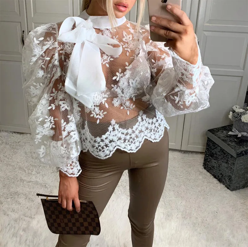 

Women's Lace Blouses Sheer Mesh Long Puff Sleeve Shirt Tops Loose Blouse Shirts Sexy Elegant Bow Neck Party Clothes Summer New