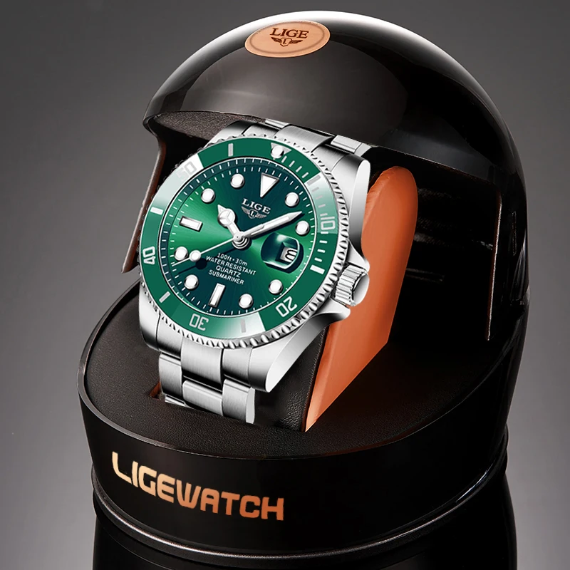 

LIGE Brand Luxury Men Sport Watches Green Waterproof Stainless Steel Wrist Watch Man Clock Fashion Wristwatch Relogio Masculino