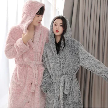

Hooded Flannel Lovers Robe Winter New Kimono Gown Coral Fleece Sleepwear Couple Warm Bathrobe Gown Loose Long Home Clothes