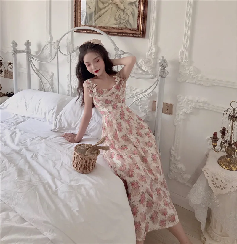 summer vintage beach Women's Clothing dresses floral fashion brand spaghetti strap bow spaghetti strap dress Backless vestidos