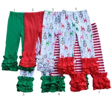 Брюки для малышей с рождественским оленем; леггинсы с тройной оборкой; капри; оранжевые и фиолетовые леггинсы с оборками для девочек на Хэллоуин