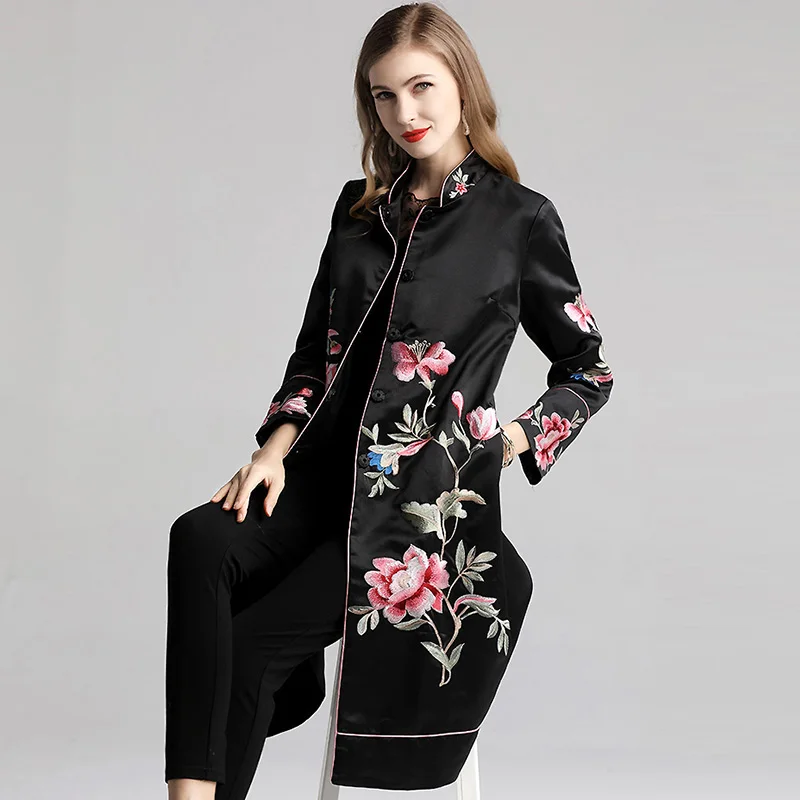 Высококачественное пальто с вышивкой в китайском стиле элегантное свободное осеннее модное женское длинное пальто S-2XL