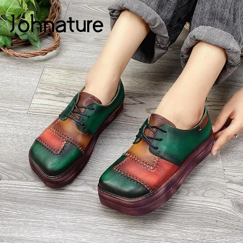 Johnature bombas zapatos de mujer 2021 nuevos de cuero genuino del dedo del pie cuadrado encaje Casual-costura Retro mezclado colores hecho a mano zapatos de las señoras