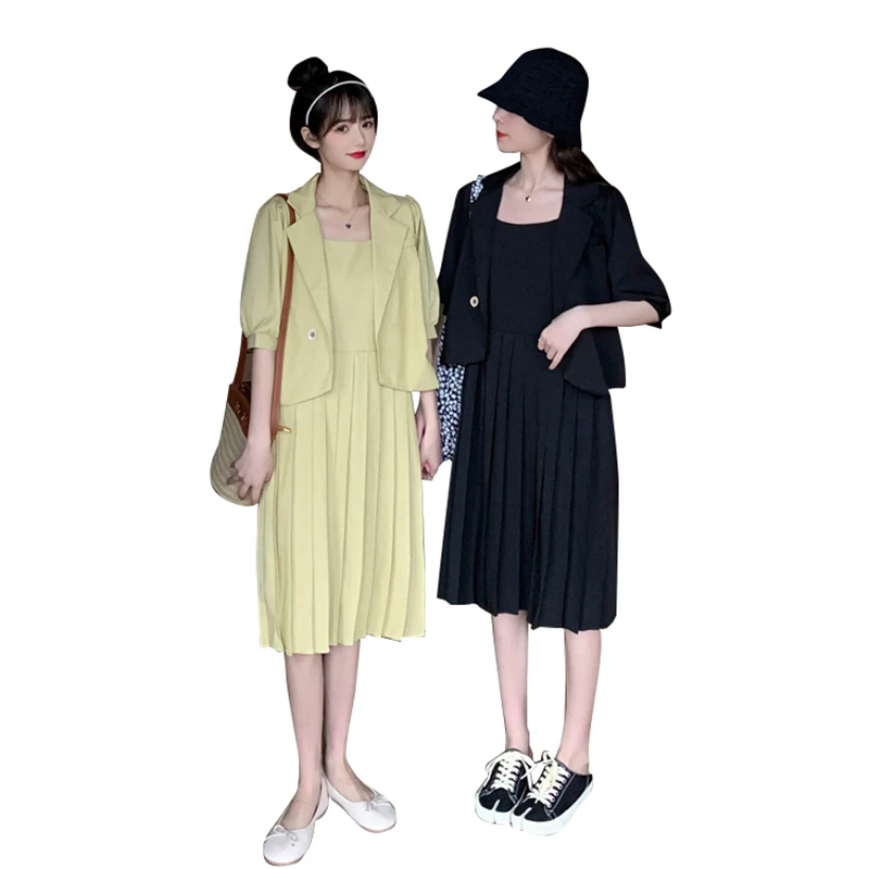 新 店舗 セクシーな2本セットstrplessプリーツドレスmid長さの袖ブレザーの女性21夏黒黄ファッション服cx1585 国内認定代理店 Ongoing Southloopmarket Com