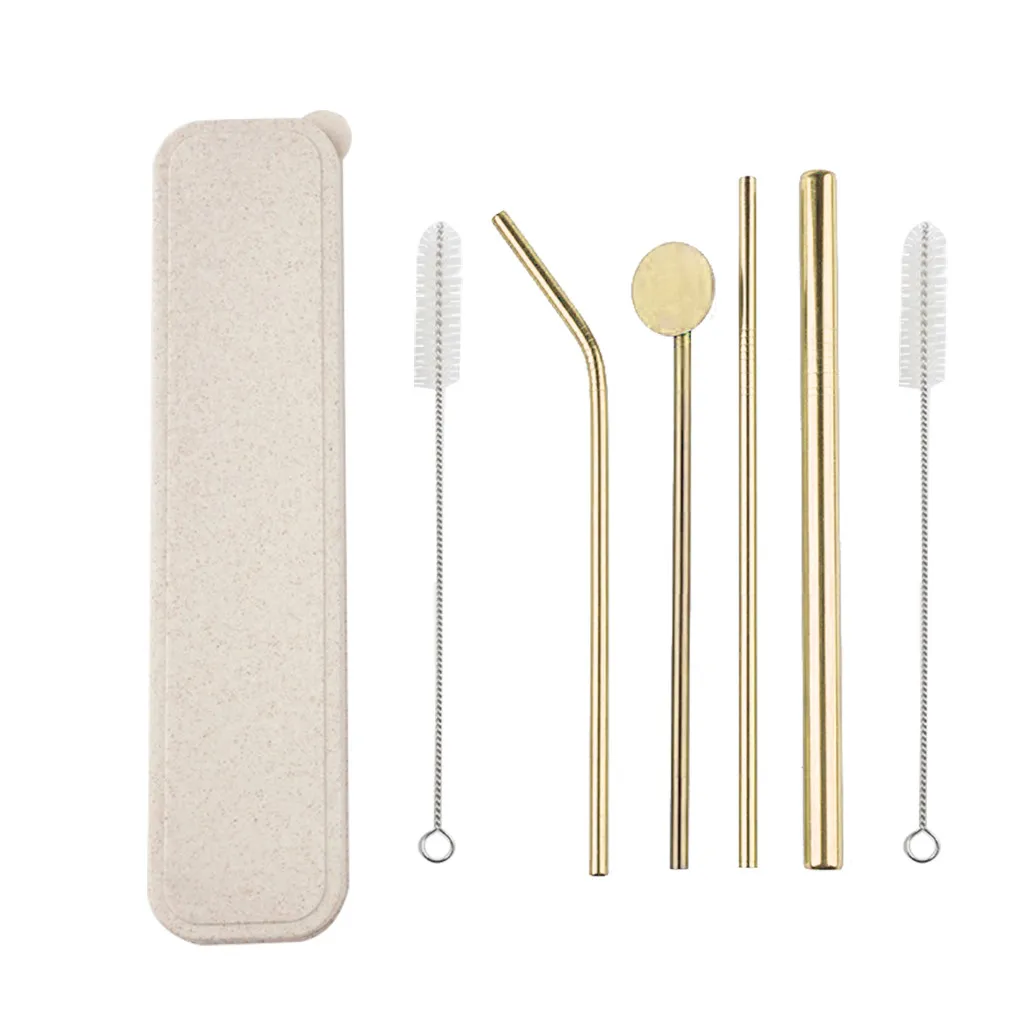 Stainless Steel Metal Drinking Straw Reusable Straws Sturdy Bent Straight Drinks Straw+ 2 Cleaner Brush for Mugs#0828