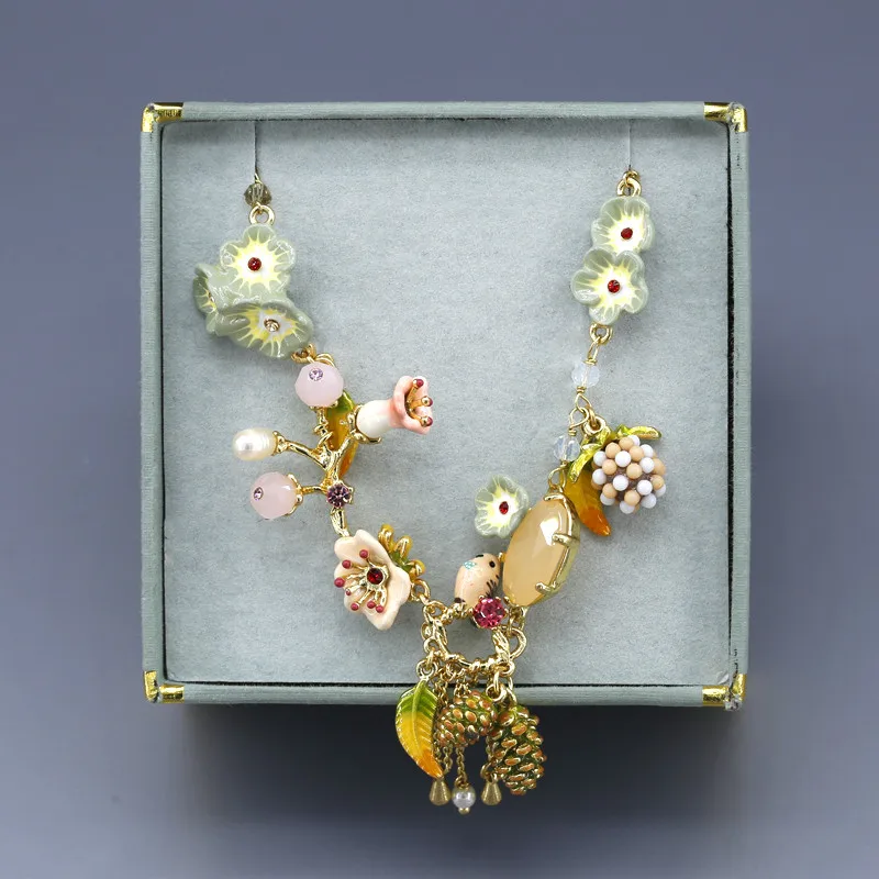 

S04-044J Robin Enamel Birdie Pinecone Pink Pearl Gem Tassel pendant necklaces flower original Les Brand