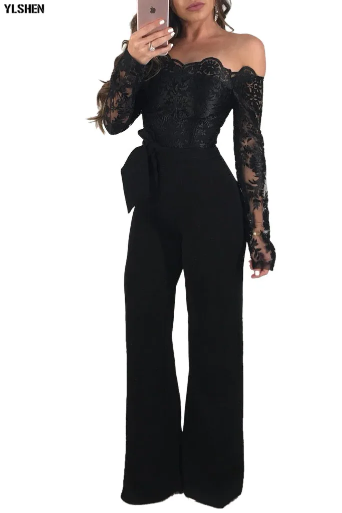 Women Jumpsuit Sexy Lace Ladies Jumpsuits Party Casual Wide Leg Overalls Off Shoulder Long Sleeve Romper Skinny Rompers Trousers 17