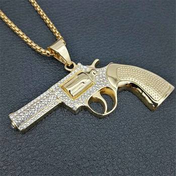 

Punk Gold Color Stainless Steel Chain Necklace Jewelry Women Luxuey Design Revolver Gun Pendant Necklaces With Cubic Zirconia