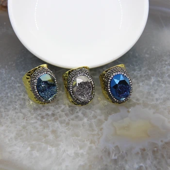 

5pcs/lot,Flat Oval Faceted Druzy Geode Adjustable Rings,Titanium Color Quartz Drusy Stone Paved Rhinestones Copper Rings Jewelry