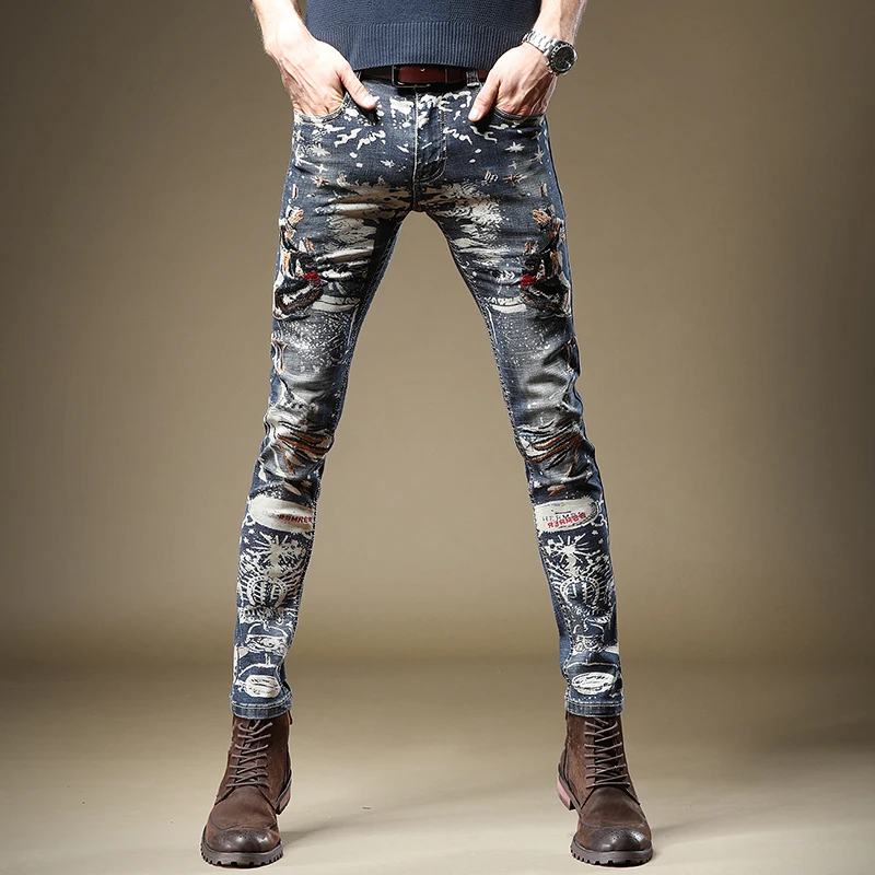 Men Jeans Fashion Embroidered Printed Stretch Denim Trousers Streetwear Cotton Blue Straight Slim Fit Pants