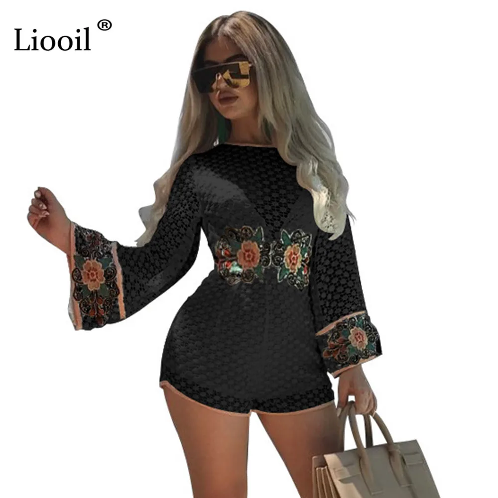 Liooil, черный пляжный костюм с вышивкой, женский сексуальный кружевной комбинезон для женщин,, круглый вырез, открытые, вечерние, Клубные комбинезоны, комбинезон, шорты