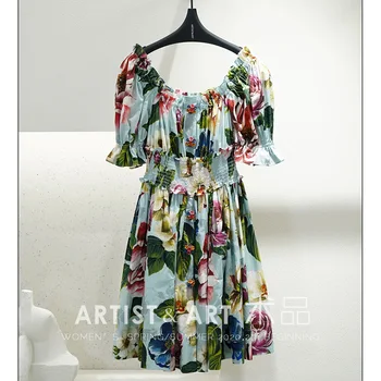 

Svoryxiu 2020 Runway High-End Custom Summer Cotton Dress Women's Hand Painted Color Button Flower Print Off Shoulder Dress