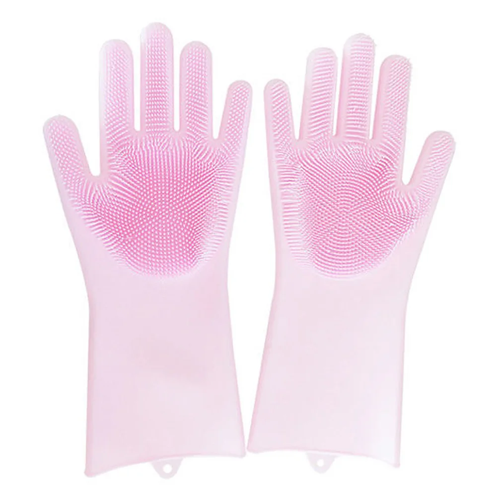 Pink 1 пара силиконовые блюда перчатка для мытья посуды с чистящей щеткой кухонные перчатки для мытья посуды класса еды перчатки для мытья посуды - Цвет: Pink