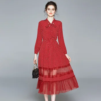 

women red chinffon white polka dot floral dresses 2020 summer long sleeve casual sexy office work beach plus size dress slim