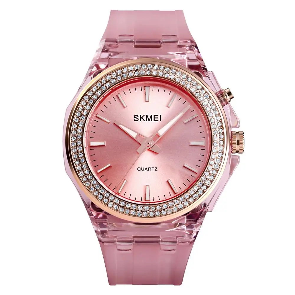 

Women's Fashion Quartz Watches 5bar Waterproof LED Backlight Rhinestone Inlaid Dial Transparent Case Strap reloj mujer 1553