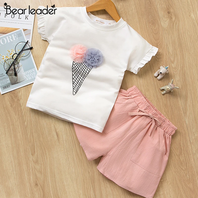 Bear Leader Girls Summer Outfits, Flower Design Short Sleeve T-shirt + Double Pocket Pants, 2-Piece Set for Ages 2-6 image 4