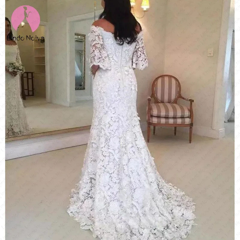 Дешевые Vestido De Noiva индивидуальный заказ Половина рукава кружевной вырез лодочкой Русалка свадебное платье Винтаж Пол Длина Свадебные платья
