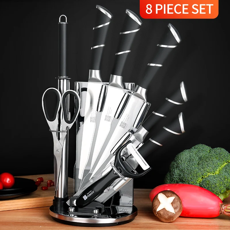 

8 in 1 Kitchen Knives Set Knife Stand Chefs Knife Bread Utility Paring Cleaver Knifes Set Stainless Steel Blade Sharpener Peeler
