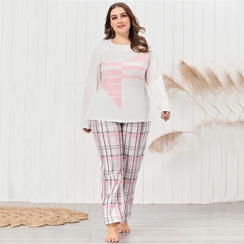 

2020 Fashion Casual Pajamas Set Summer Long Sleeve Geometric Print Loose Shirt Plaid Trousers Plus Size Home Nightwear Suit