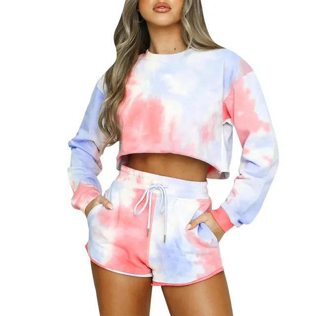 Women Fashion Tie Dye Long Sleeve Crop Top+ High Waist Shorts Female Plus  Two Piece Set Summer Sexy Women Clothing Club Outfit - Short Sets -  AliExpress