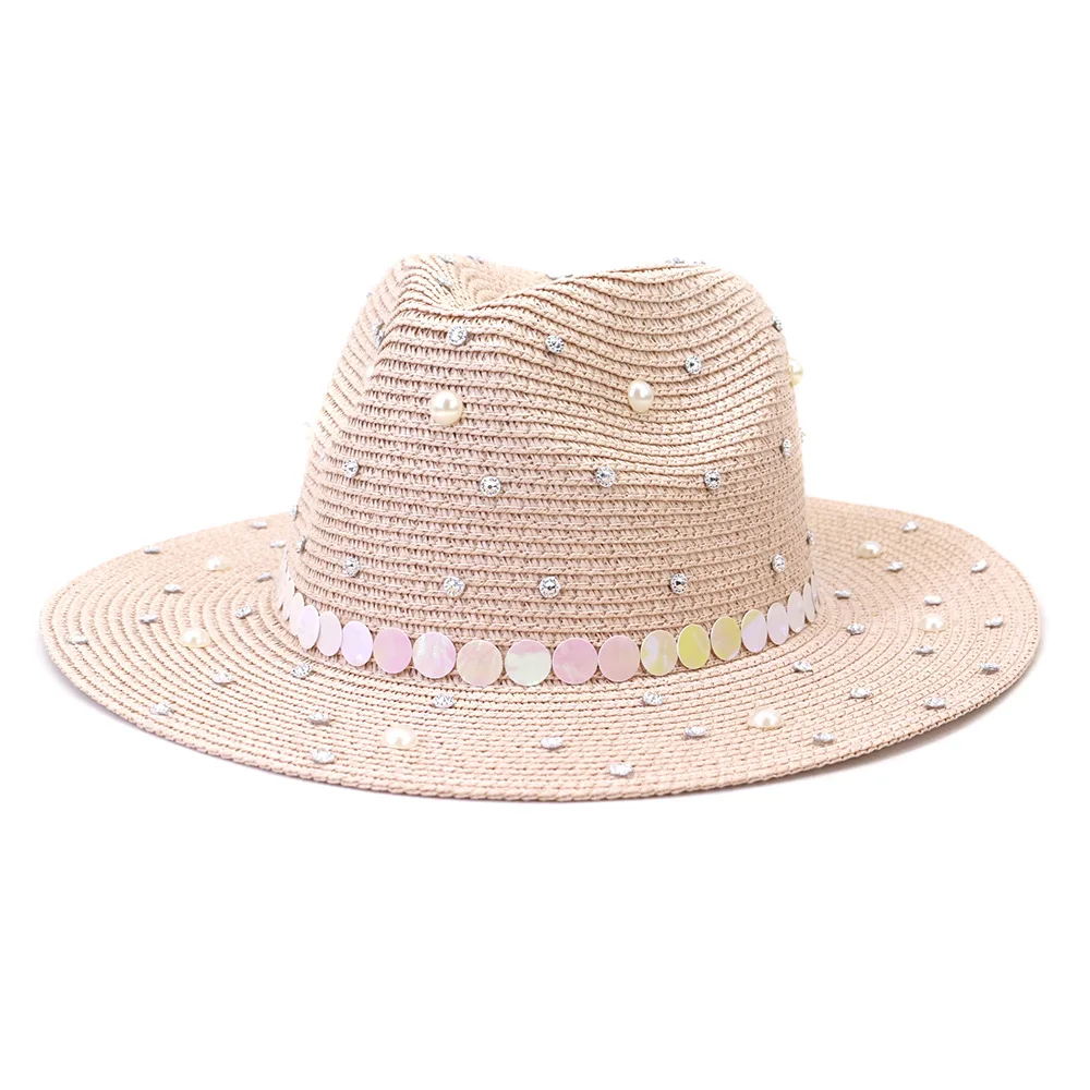 Women Summer Sequins straw hat flat top 