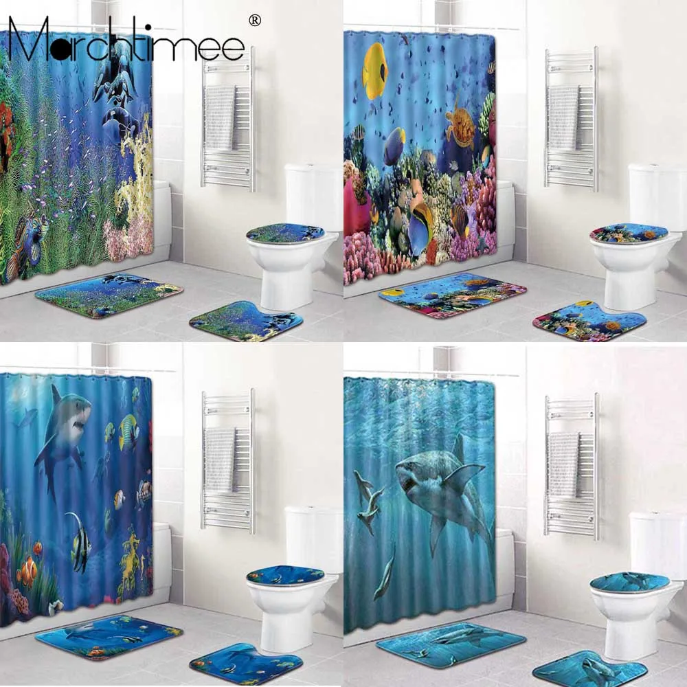 

Занавеска для душа с тропическими рыбками, водонепроницаемый шторка для ванны под водой с дельфином, акулой, для ванной комнаты, для купания, Большие широкие крючки