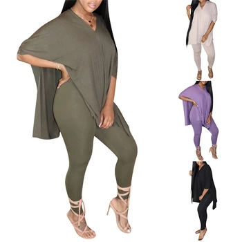 

Women Sport Two Piece Set V-neck Side Split T-Shirt Leggings Pants Jogger Sweatpants Suit Tracksuit Matching Set Outfits