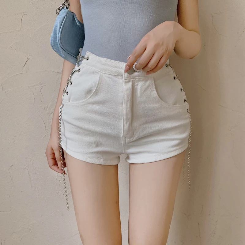 Metal Chain Denim Shorts Women's Summer New Stretch Skinny Jeans Skirts Girls High Waist Hot pants European and American 2021