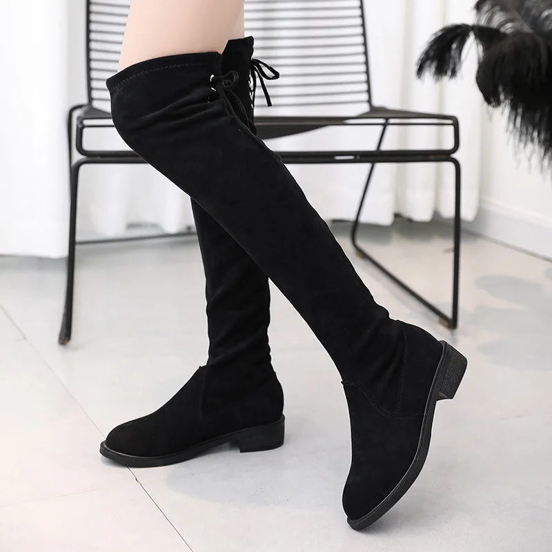 

Semi-high Heeled round-Toe over-the-Knee Women's Long 2019 Autumn And Winter plus Velvet Slimming Thigh Boot Black And White wit