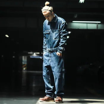 

New fashion tooling retro denim jumpsuit male spring and autumn loose straight pants casual denim jumpsuit