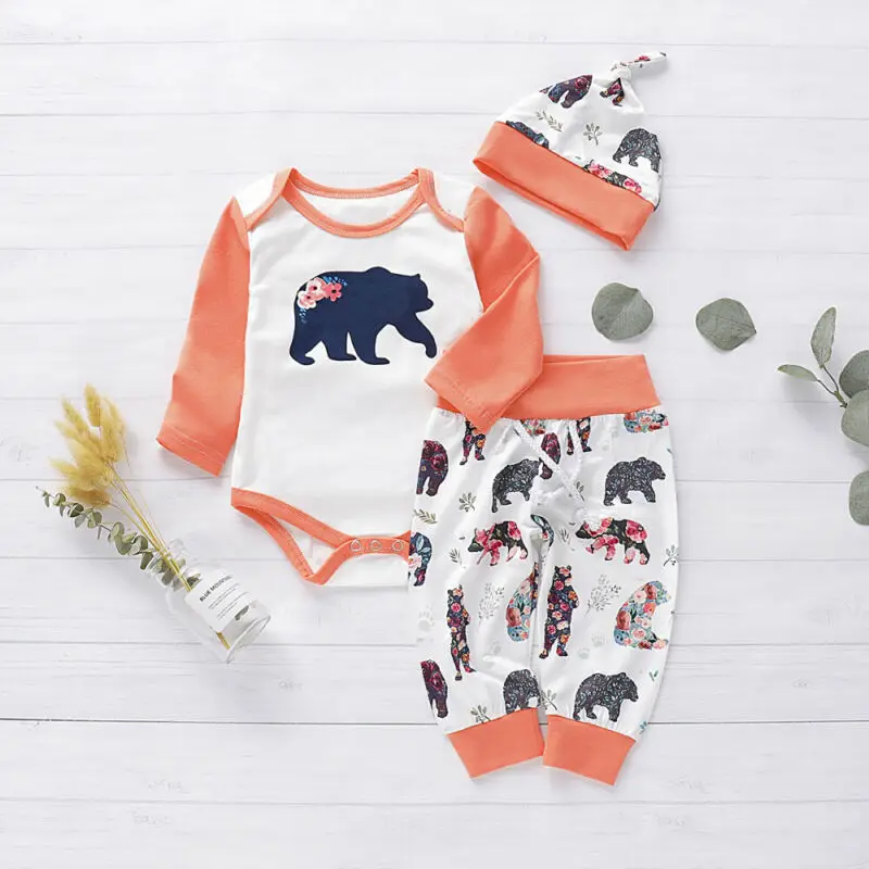 

3PCS Newborn Baby Girl Boy 0-24M Animal Print Romper Bodysuit+Pants+Cap Outfits Autumn