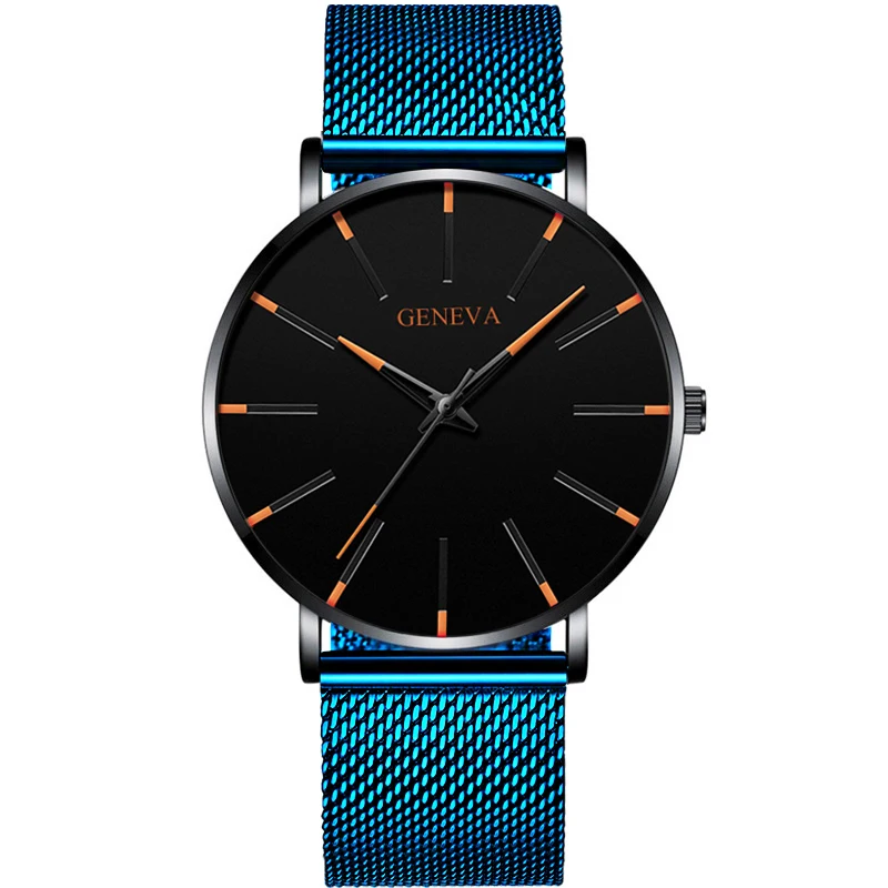 Blue Orange Geneva мужские минималистичные ультра тонкие наручные часы с ремешком-сеткой из нержавеющей стали Роскошные мужские часы деловые повседневные кварцевые часы Reloj Hombre - Цвет: Blue Orange