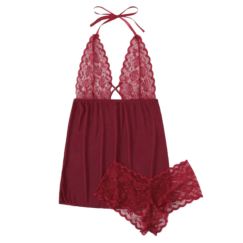 TELOTUNY New Women S-3XL Plus Size Lingerie Kit V-Neck Backless Halter Nightdress Wear Lingerie Set Underwear Sleepwear1031