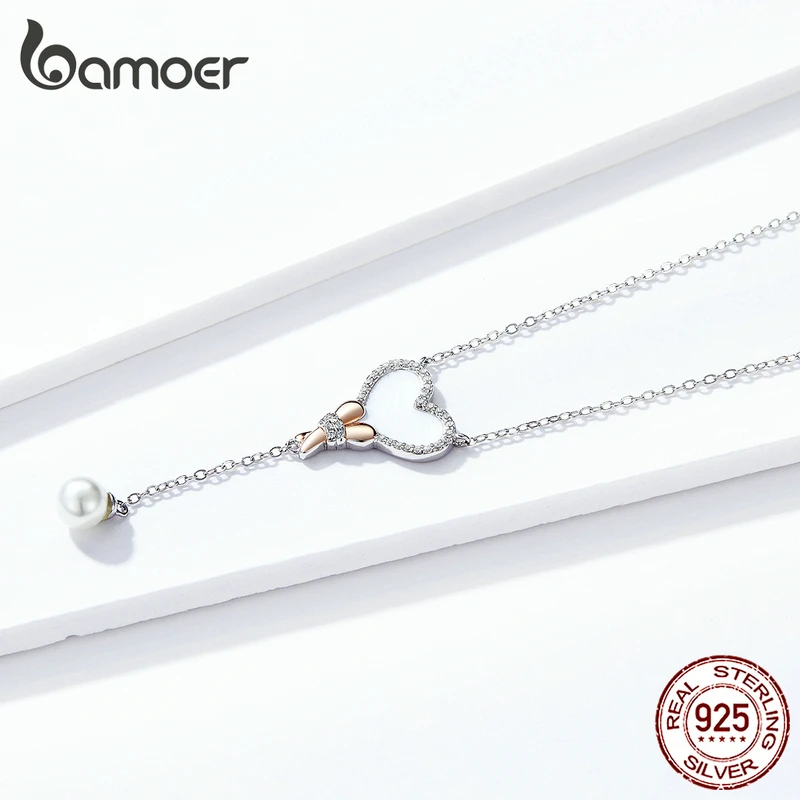 Bamoer, ожерелье из натуральной 925 пробы, серебряная, белая оболочка, сердце, шар, ожерелье для женщин, цепочка, ожерелье с жемчугом, ювелирное изделие, воротник BSN154