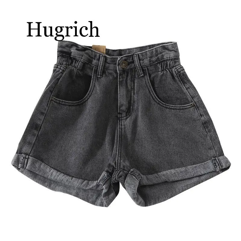 2020 Summer Vintage Curling Denim Shorts Women Button Zipper Pocket Elastic High Waist Jeans Short Female Hotpants